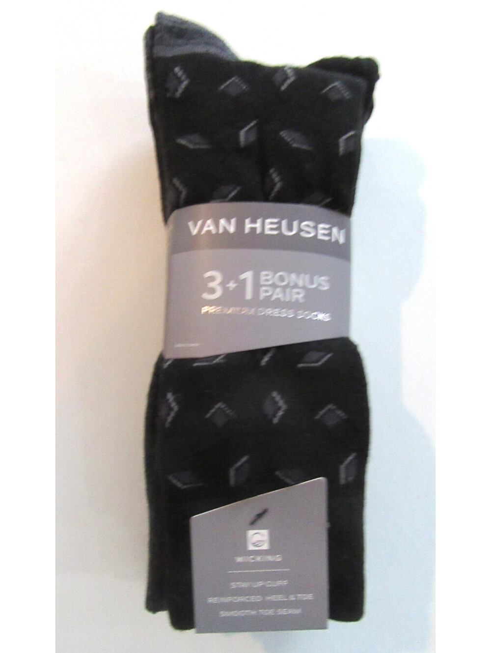 Van Heusen Premium Crew Dress Socks Black Grey Pattern 4 Pack Shoe Sz 6-12.5 NWT